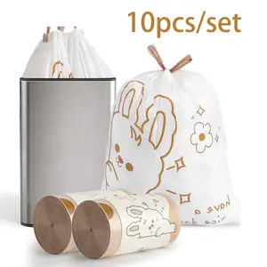 10Pcs Set cute rabbit Small Trash bags Draw string,small Bathroom Garbage Bags,Trash-Can-Liners for Bathroom Kitchen Office,White rabbit print style, home essential, Drawstring