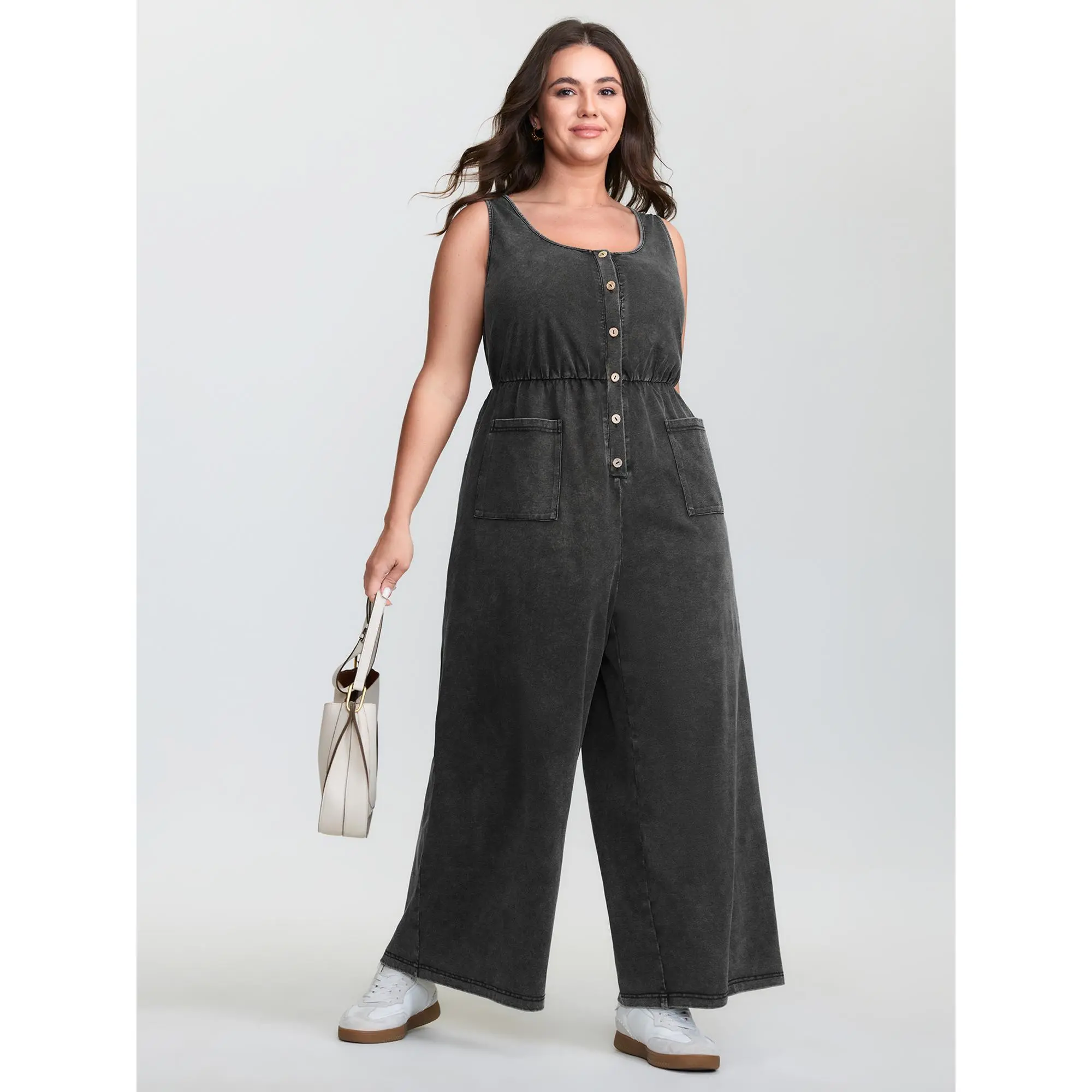 Women's Plus Size Overalls - Casual Vintage Acid Wash Cotton-Polyester Blend, Gathered Waist, Button-Front, Patch Pockets, Breezy Sleeveless, Full Length, Flattering Cut, Basic Fit, Low Iron, Multi-Size (26/4X)