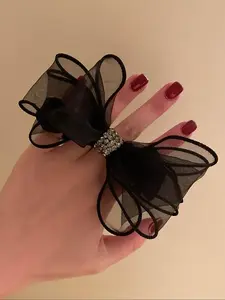 Women's Rhinestone Net Bow Scrunchie, Elegant Hair Accessory, High Elasticity Leather Band, Nylon Decoration, Ideal Gift