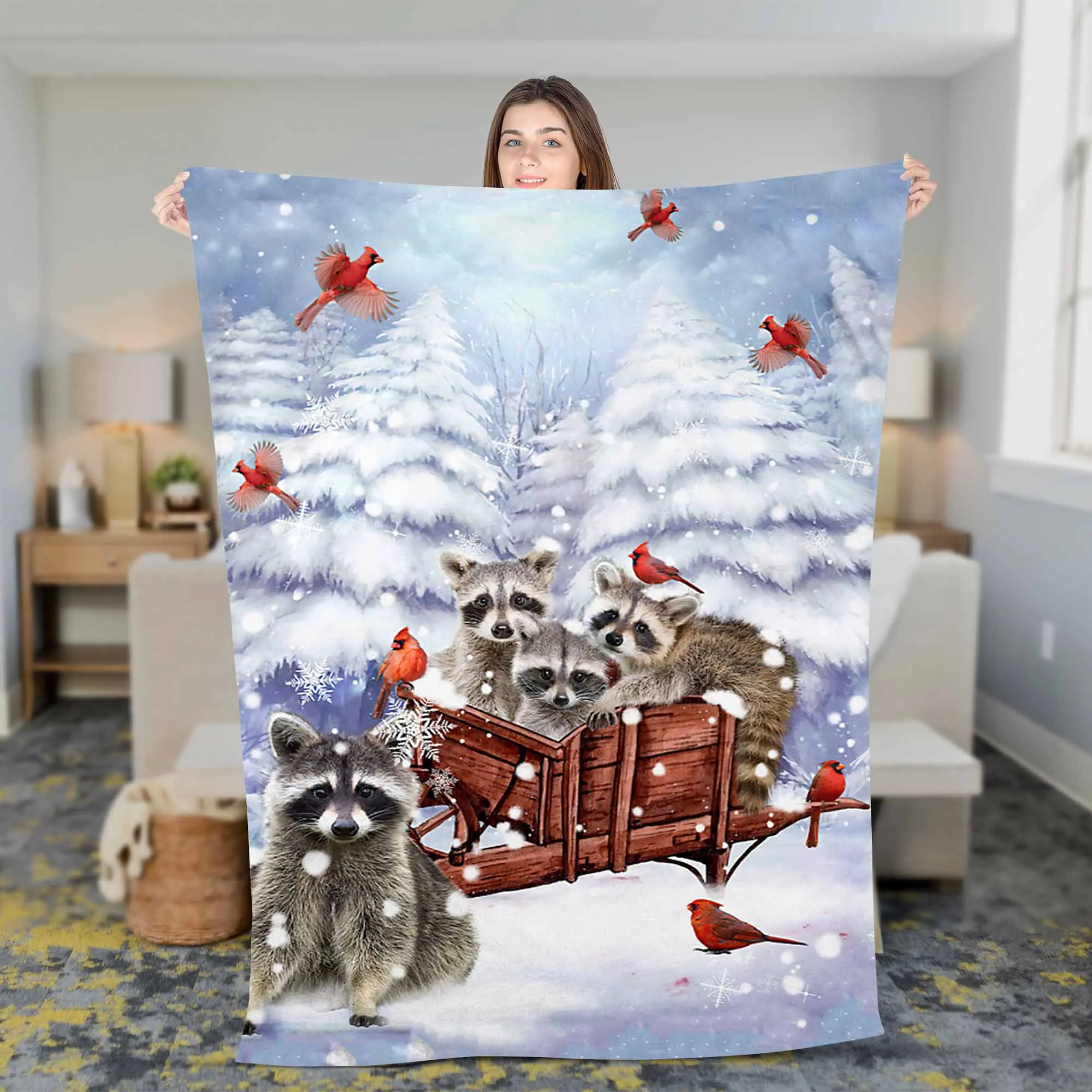 Raccoon Fleece Sherpa Christmas Blanket - Modern Style, Soft and Cooling Material - Christmas Blanket