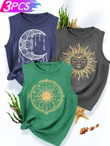 Women's 3Pcs Crew Neck Sleeveless Tank Tops, Golden Sun & Moon Mandala Series Print, Multiple Colors Available, Machine Washable, Spring & Summer Tops, Soft Skin-Friendly Fabric, Daily Versatile, Casual Fashion Design