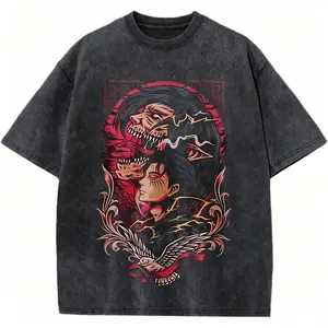 Attack on Titan Eren Yeager Vintage Washed Oversized T-Shirt Founding Titan Graphic Tee Casual Streetwear For Men Women