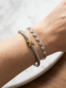 2-piece set of fashionable and versatile 18K gold-plated embossed open-ended twist bracelet with light luxury diamond-encrusted design # Jewelry / Stainless Steel / Colorfast / Hypoallergenic / Couple / Festival / Party / Ideal Gift