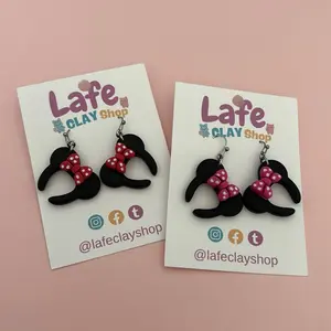Lafe Clay Shop Magic Mouse Earrings with Pink Bow and Red Polka Dot Design for Stylish Accessory