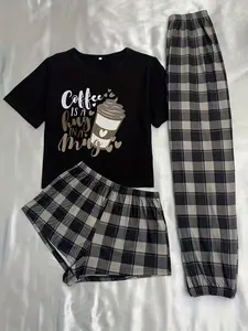 Women's Coffee Pattern Print Short Sleeve Shorts and Long Pants Three-Piece Casual Pajama Set