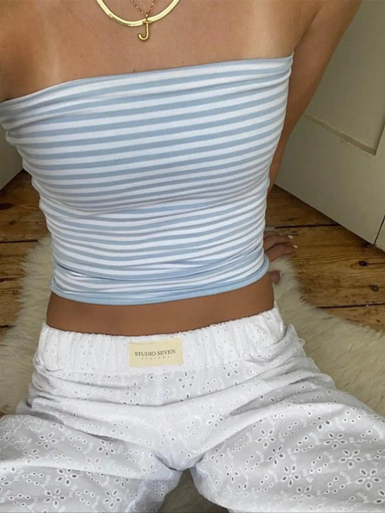 Women's Striped Print Ruched Crop Tube Top, Casual Strapless Cropped Top for Summer, Ladies Clothes for Daily Wear