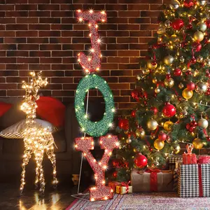 iCapeson Lighted JOY Sign with 45 Warm White LEDs, Outdoor Christmas Yard Decor with Ground Stakes, Waterproof Foldable Letter Display for Xmas Indoor Outdoor Holiday Decorations