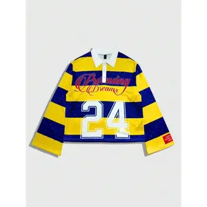 Prep Spring Casual Graphic Men'S Printed Long Sleeve Striped Polo Collar T-Shirt, Casual College Style, For Fall