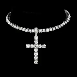 Iced Out Rhinestone Cross Pendant Necklace Bling Hip Hop Jewelry for Women Men Crystal Chain Choker Cuban Link Necklace for Rappers