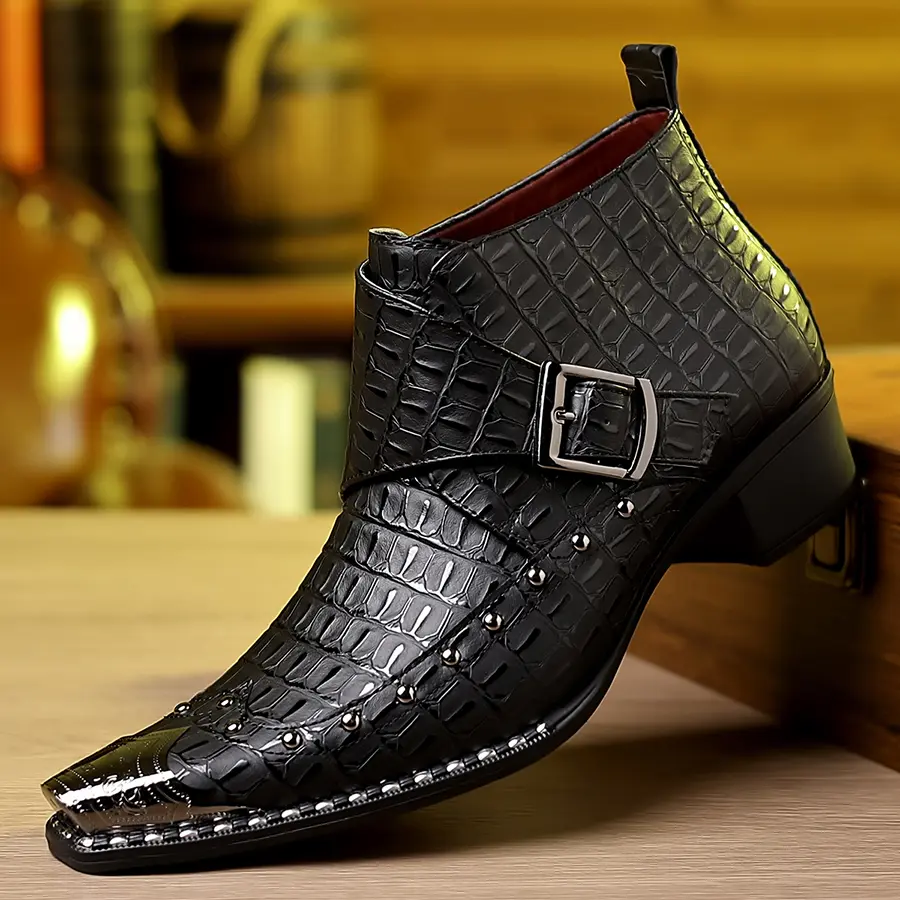 DINAOR European & American Style Retro Fashion Men’s Boots – Pointed Toe Buckle Short Chelsea Boots