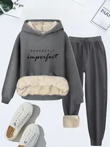 Women's Letter Print Thermal Lined Hoodie & Drawstring Waist Sweatpants Two-piece Set, Casual Long Sleeve Hooded Sweatshirt & Pocket Pants, Women's Fall & Winter Clothes