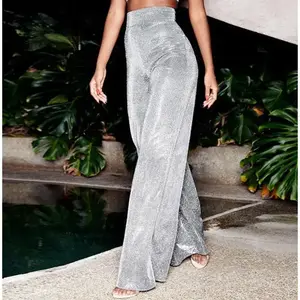 Sexy Women Silver Flash Diamond High Waist Slim Long Pants Gray Flare Wide Leg Trousers Female Elegant Fashion Casual Y2K Pants