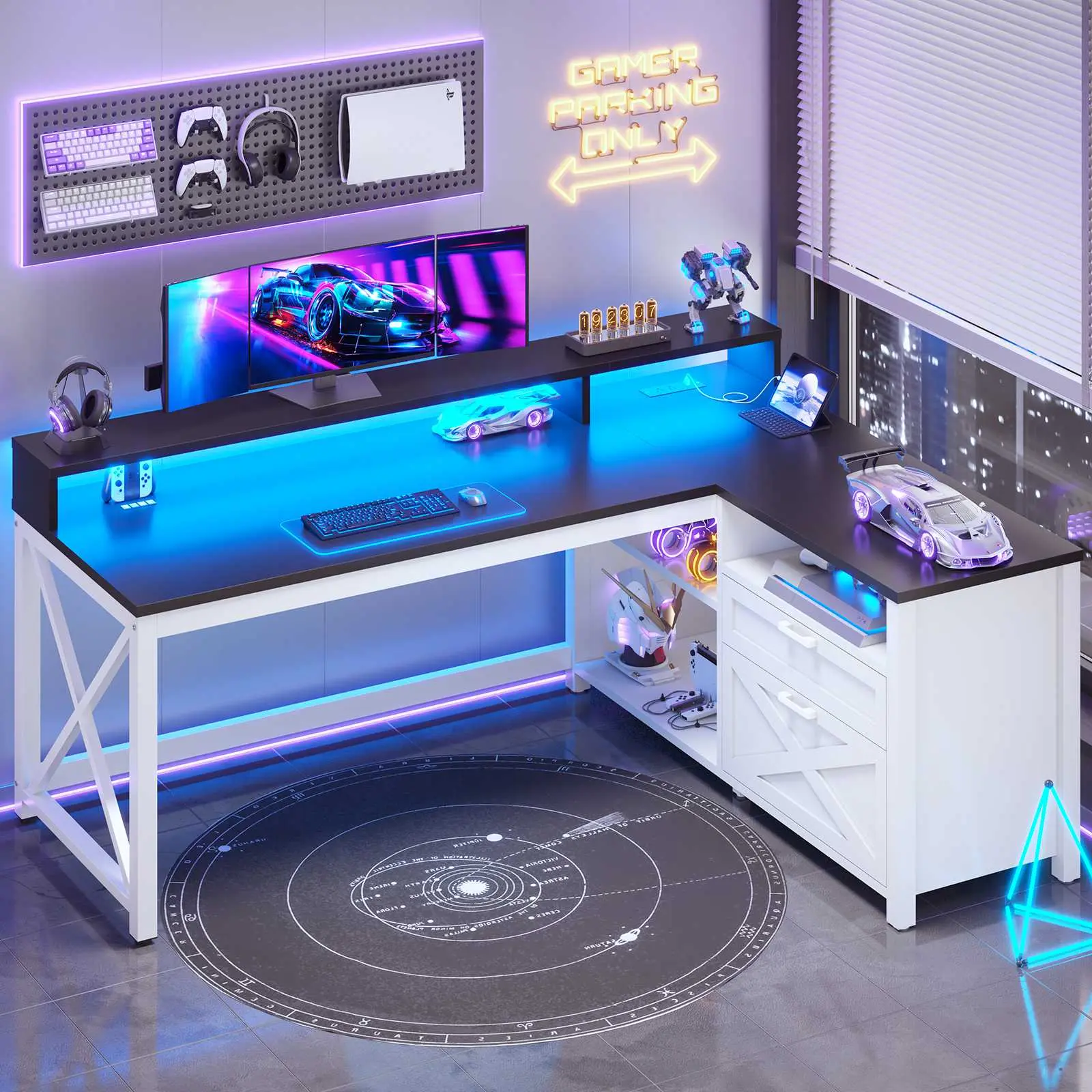 Sedeta 55-In Classic L-Shaped Gaming PC Desk - Sturdy Frame Office Furniture with Drawers, LED Lights, Power Outlet, Monitor Riser, Shelf, Ideal for Home Office Gamers
