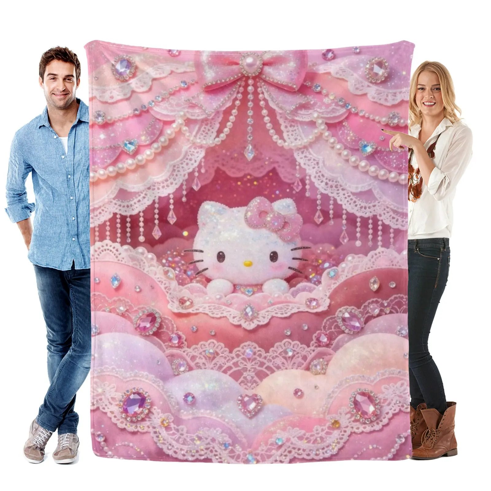 Sanrio Frilly Canopy Jewel Hello Kitty Blanket, Plush Fleece Throw Blanket,Hello Kitty Bedding,Pastel Hello Kitty Blanket For Gaming Dorm Setup