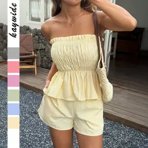 Two-piece Set Women's Striped Print Tube Top & Shorts Set, Casual Strapless Top & Shorts for Daily Wear, Ladies Clothes Womenswear for Summer Outfit.