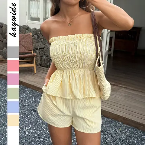 Two-piece Set Women's Striped Print Tube Top & Shorts Set, Casual Strapless Top & Shorts for Daily Wear, Ladies Clothes Womenswear for Summer Outfit. Matching Cute