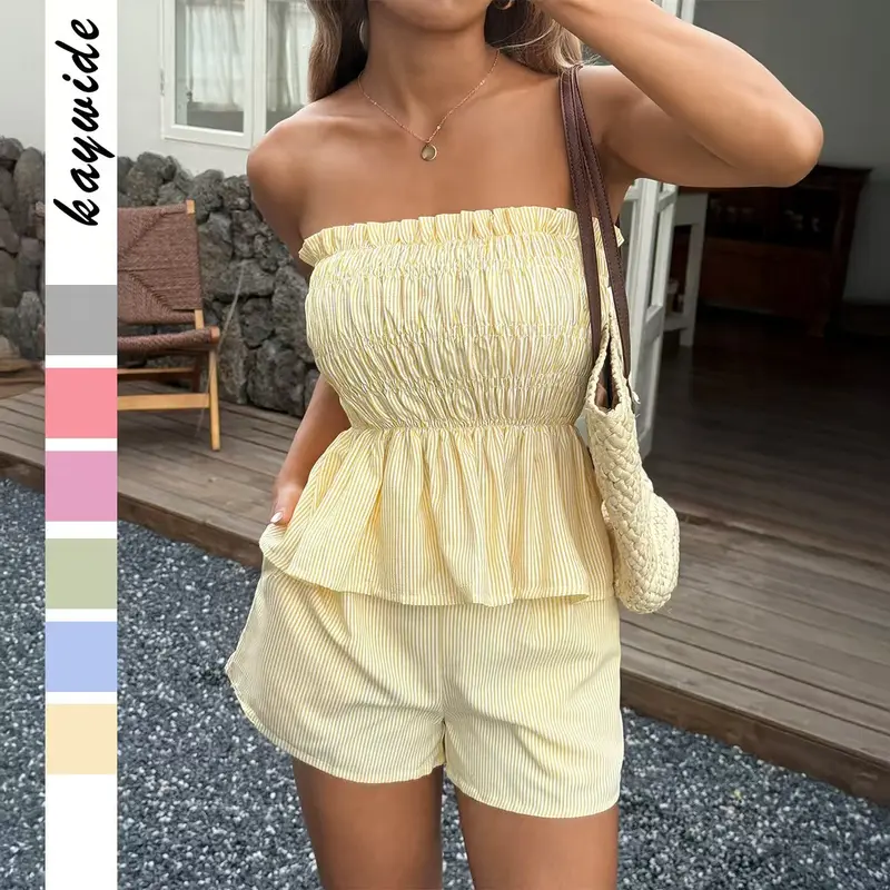 Two-piece Set Women's Striped Print Tube Top & Shorts Set, Casual Strapless Top & Shorts for Daily Wear, Ladies Clothes Womenswear for Summer Outfit. Matching Cute