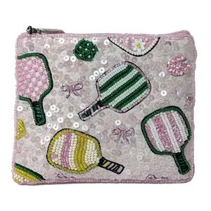 BTC Dazzling Pickleball Chic Beaded & Sequined Zip Card Case: Pink Multi Coin Purse with Essential Pouch for Women