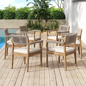 Braided Acacia Wood Outdoor Dining Chairs Set of 6 – Teak Look with Beige Rope & Cream Cushions, Armrests – All-Weather Patio Furniture for Garden, Poolside, and Backyard (Durable & Stylish)