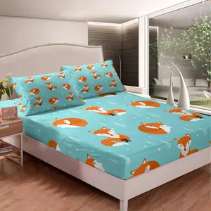 Cartoon Fox Luxury Fitted Sheet,Cute Woodland Fox Bed Sheet Set,3D Animal Theme Bedding Set for Bedroom Decor,Soft Blue Kawaii Foxes Pattern Bed Cover