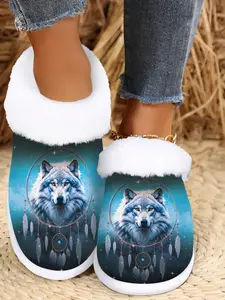Women's Cozy Wolf Home Slippers, Soft Fuzzy Winter Warmth, Non-Slip Rubber Sole, Plush Lined Faux Fur, Artistic Wolf Print, Perfect Gift