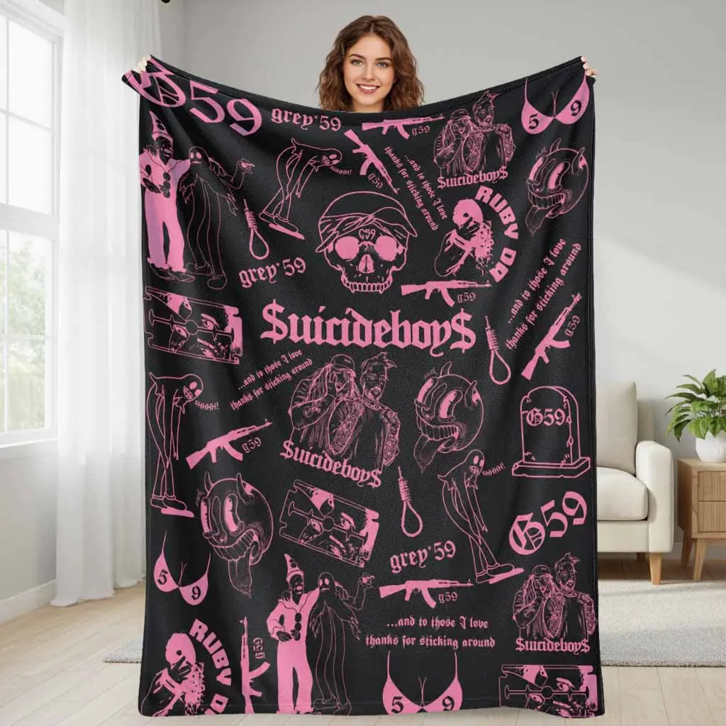 Suicideboys Flannel Blanket Gothic Aesthetic Pink Skull Print Super Soft Warm Cozy Lightweight Throw Rug Perfect for Bedroom Sofa Living Room Couch Bed Nap Travel Picnic Gift Fans