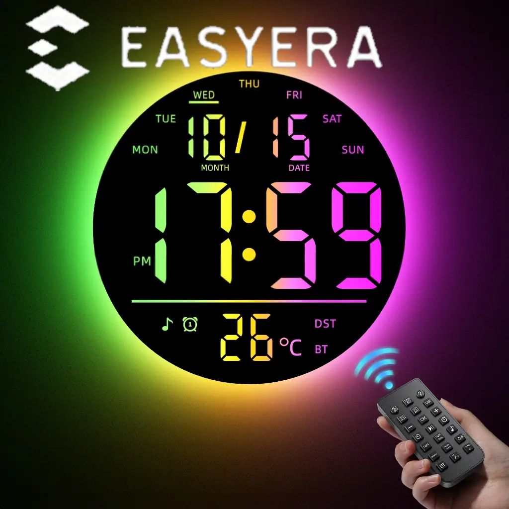 EASYERA 10" RGB Circle Digital Wall Clock with Remote Control, Music-Sync, Round clock with RGB Atmosphere Lights with 11 Scenes Mode, Dual Alarms, Timer Clock for ADHD, Focus Tool, Classroom, Game Decor Goods Auto Dst Adjustment
