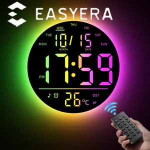 EASYERA 10" RGB Circle Digital Wall Clock with Remote Control, Music-Sync, Round clock with RGB Atmosphere Lights with 11 Scenes Mode, Dual Alarms, Timer Clock for ADHD, Focus Tool, Classroom, Game Decor Goods Auto Dst Adjustment