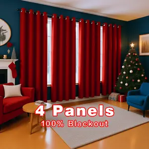 Four-piece set of solid red blackout curtains, heat-insulating and noise-reducing blackout curtains with metal grommets, modern textured window decor, suitable for bedroom and balcony, thickened window curtains, Christmas decoration