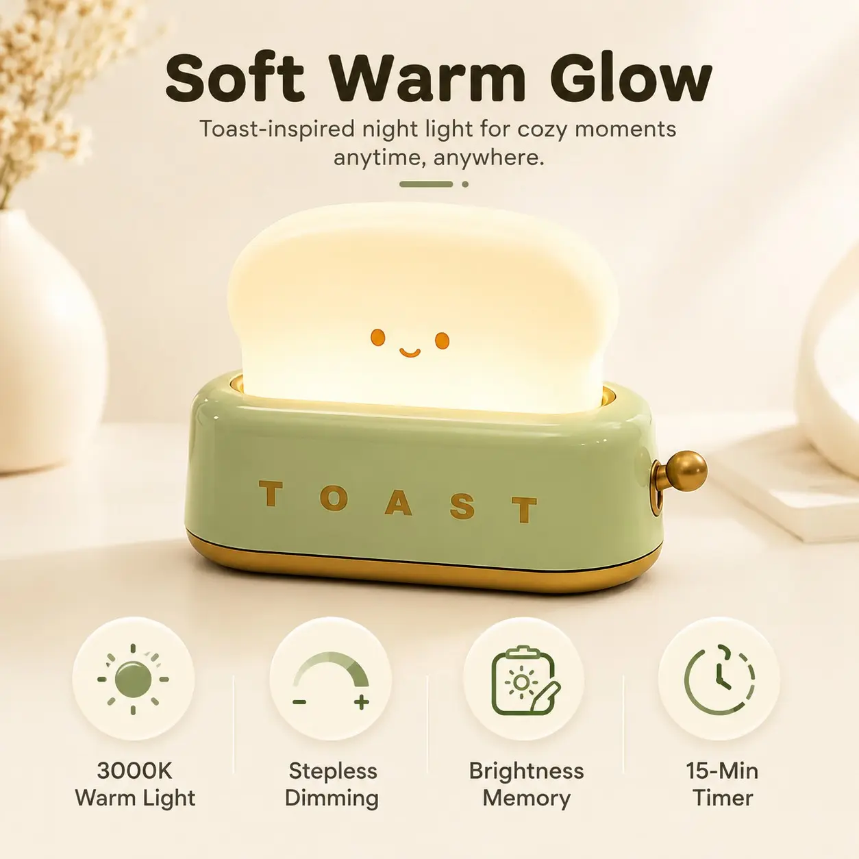 Cute Toast Night Light, Led Nightlight, 3000k Warm LED Toaster Lamp, USB-C Rechargeable, Dimmable, 15-Min Timer, Brightness Memory, Bedroom Lighting, Desk, Nursery Gift, Dimmable Desk Lights