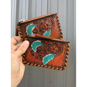 Turquoise Feather Cowhide Tooled Leather Zipper Pouch