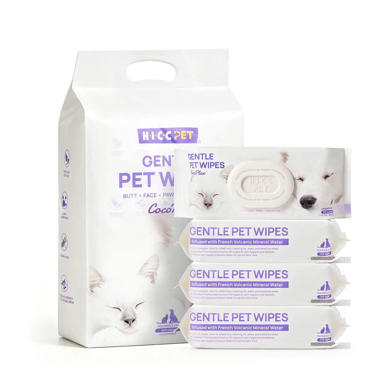 HICC PET Hypoallergenic Multi-Purpose Grooming Wipes for Dogs & Cats, French Volcanic Mineral Water, Extra-Large Thick Puppy Wipes for Paws, Body & Butt, Sensitive-Skin Friendly,Gentle Cleaning Wipes for Home Daily Use