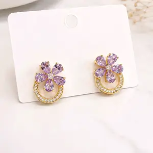 Flower Earrings with Hoop Detail & Purple Cubic Zirconia – 14K Gold Filled