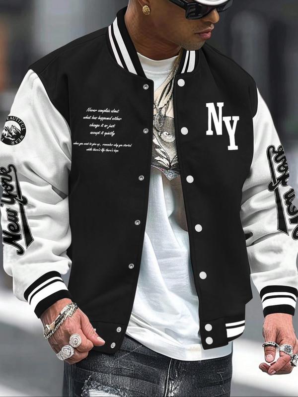 Men's Letter Print Baseball Collar Bomber Jacket, Loose Casual Sporty Long Sleeve Varsity Jacket for Fall & Winter, Men's Outerwear for Daily Wear Men's Letter Print Baseball Collar Bomber Jacket, Loose Casual Sporty Long Sleeve Varsity Jacket for Fall & Winter, Men's Outerwear for Daily Wear