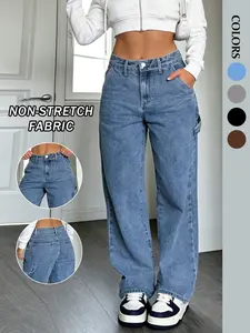 Women's Loose-Fitting Straight Leg Denim Jeans with Side Pockets, Retro Y2K Fashion for Fall & Winter, Comfortable Casual Wear