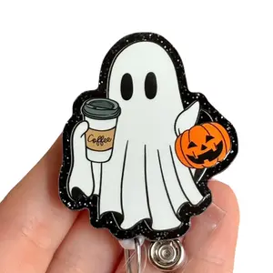Glitter My Badge Halloween Ghost with Ice Coffee Badge Reel for Nurses and Hospital Workers