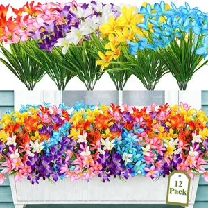 12 Bundles Artificial Flowers for Outdoor Indoor Colorful Plastic Silk Faux Flowers No Fade UV Resistant Fake Plants for Hanging Planters Front Door Garden Yard Porch Patio Window Box