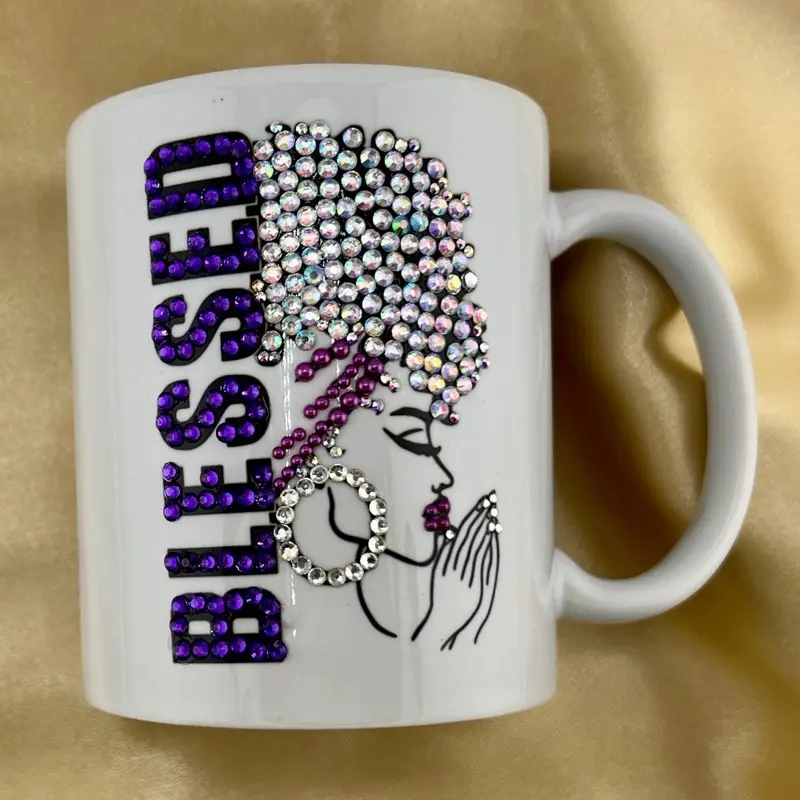 Custom Rhinestone Mug with 'BLESSED' Design and Purple Rhinestone Accents for Unique Warm Drink Drinkware