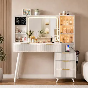 White MDF Makeup Vanity Desk with Mirror and Lights, 11-Drawer Dressing Table with Fluted Panel Design, Brightness Adjustable, Open Storage Shelves, 59.45" W x 15.75" D x 53.35" H, for Bedroom, Women and Girls, White Color Options