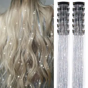 Silver Hair Tinsel 12Pcs Clip in Hair Tinsel Kit 20.5 Inch Fairy Hair Tinsel Kit Heat Resistant Silver Hair Accessories Glitter Hair Extensions for Christmas Halloween Cosplay Party clip in hair extensions