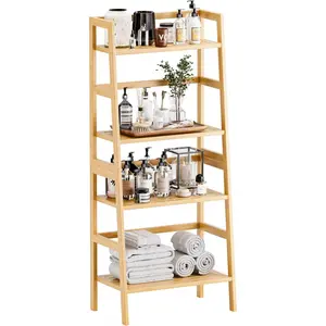 Ladder Shelf, 4-Tier Bookshelf, Bamboo Tilted Bookcase, Display Storage Rack, Freestanding Flower Plant Stand, Suitable for Living Room, Home Office, Kitchen, Natural Style