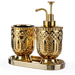 Gold Bathroom Accessories, 3pcs Ceramic Bathroom Set with Toothbrush Holder,Soap Dispenser, Bathroom Tray, Complete Bathroom Decor and Acessories Set