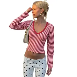 Women's Striped Print Deep V Neck Long Sleeve Crop Top 2025 FW New Retro Casual Vibe Essential for Daily Styling Streetwear Dates Outfit Versatile T-Shirts