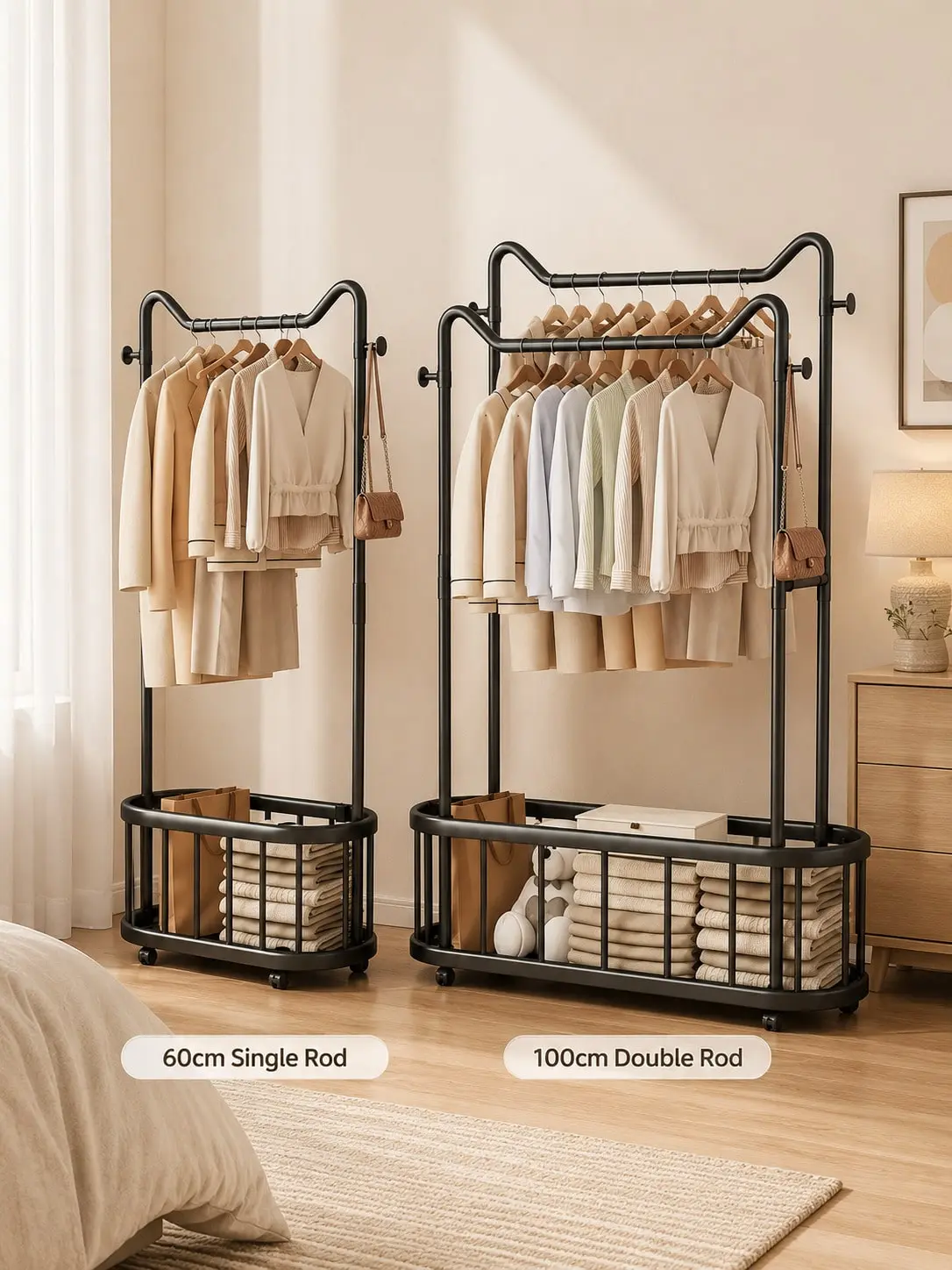 Black/White Rolling Garment Rack With Bottom Storage Basket & Side Hooks, Single/Double Rod Clothes Rack With Wheels For Bedroom, Closet, Dorm & Entryway