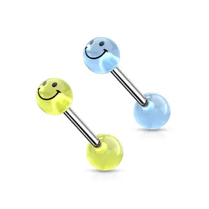 14G Glow In Dark Acrylic Smiley Face Ball Tongue Ring Barbell Piercing Jewelry 5/8" 15mm Sold Individually