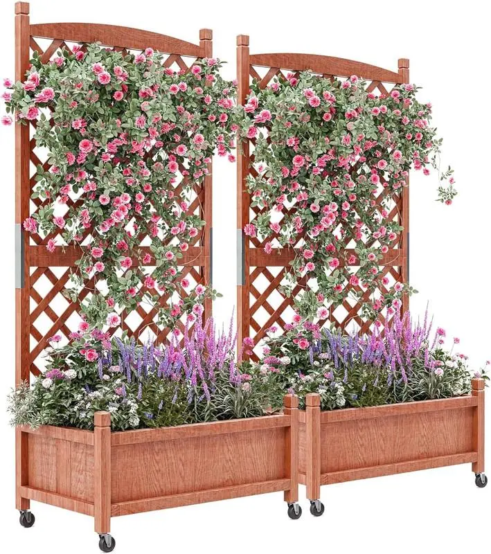 2-Pack Tall Wood Planter Box with Trellis, 61.5" H Raised Garden Bed on Wheels, Vertical Stand Planter with Drainage Holes for Patio, Balcony & Outdoor Garden