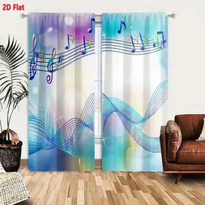 2D Flat  2-Piece Curtain Set, Musical Note & Bokeh Wave Pattern, Soft Blue Purple Pink Abstract Background, Light-Filtering & Soundwave Design for Bedroom Living Room, Ethereal Whimsical Decor