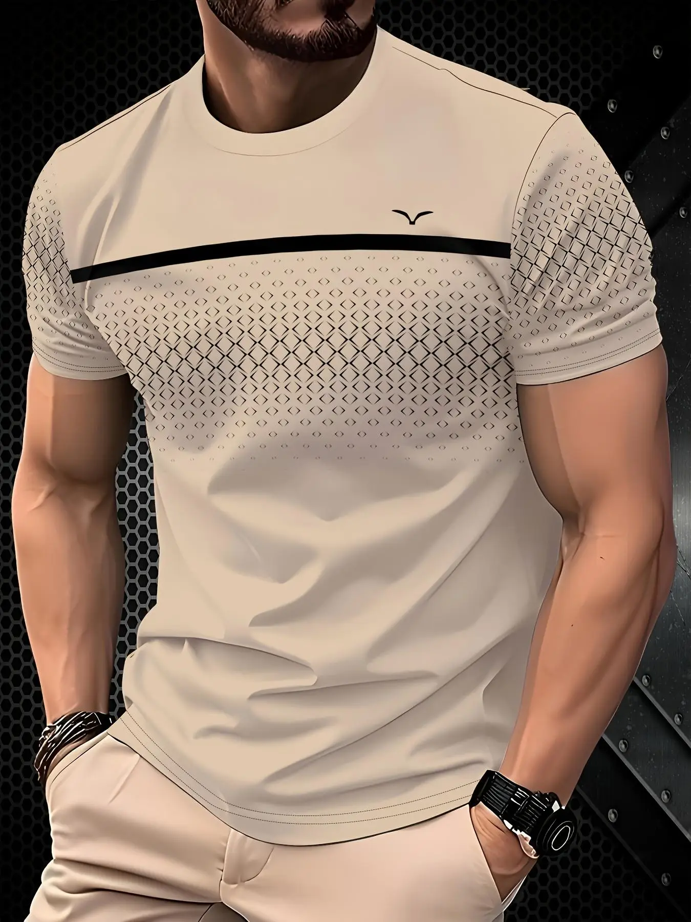 Men's Geometric Print Round Neck Tee, Regular Fit Casual Fashion Short Sleeve T-shirt for Daily Wear, Men's Top for All Seasons, Polo Tops