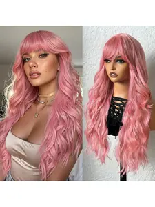 Pink Wavy Wig with Bangs Heat Resistant Synthetic Hair for Women Pre Styled Butterfly Layers & Curls for Daily Parties Long Curly Butterfly Cut Wig 26 Inch
