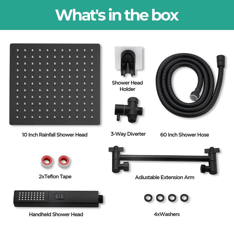 Shower Head Combo,10 Inch High Pressure Rain Shower Head，Adjustable Extension Arm, Spray with Long Hose & Tools, Shower Equipment for Home Springtok